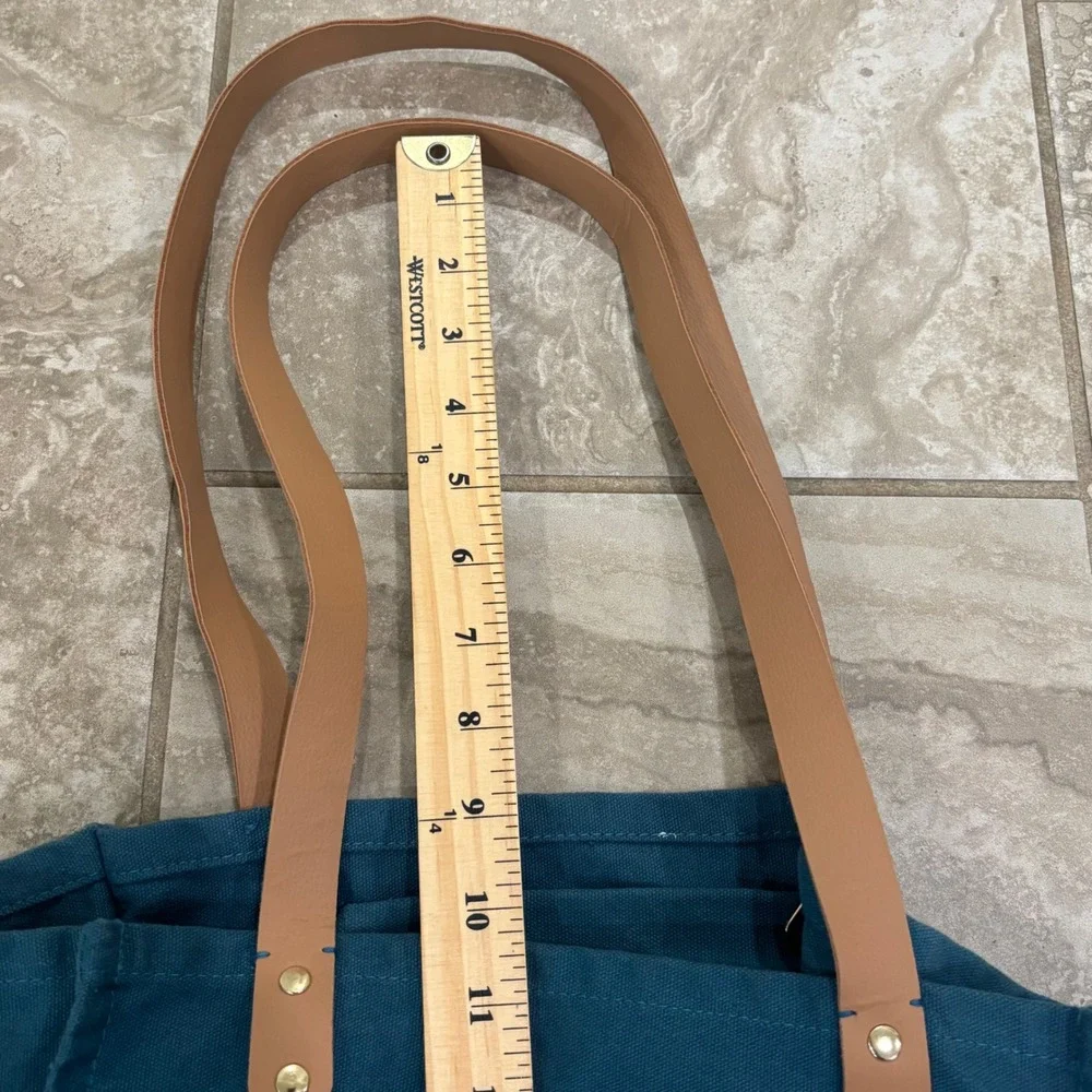 FEED Market Tote Bag Teal Blue Canvas Tan Straps Provides 3 Meals Grocery Bag